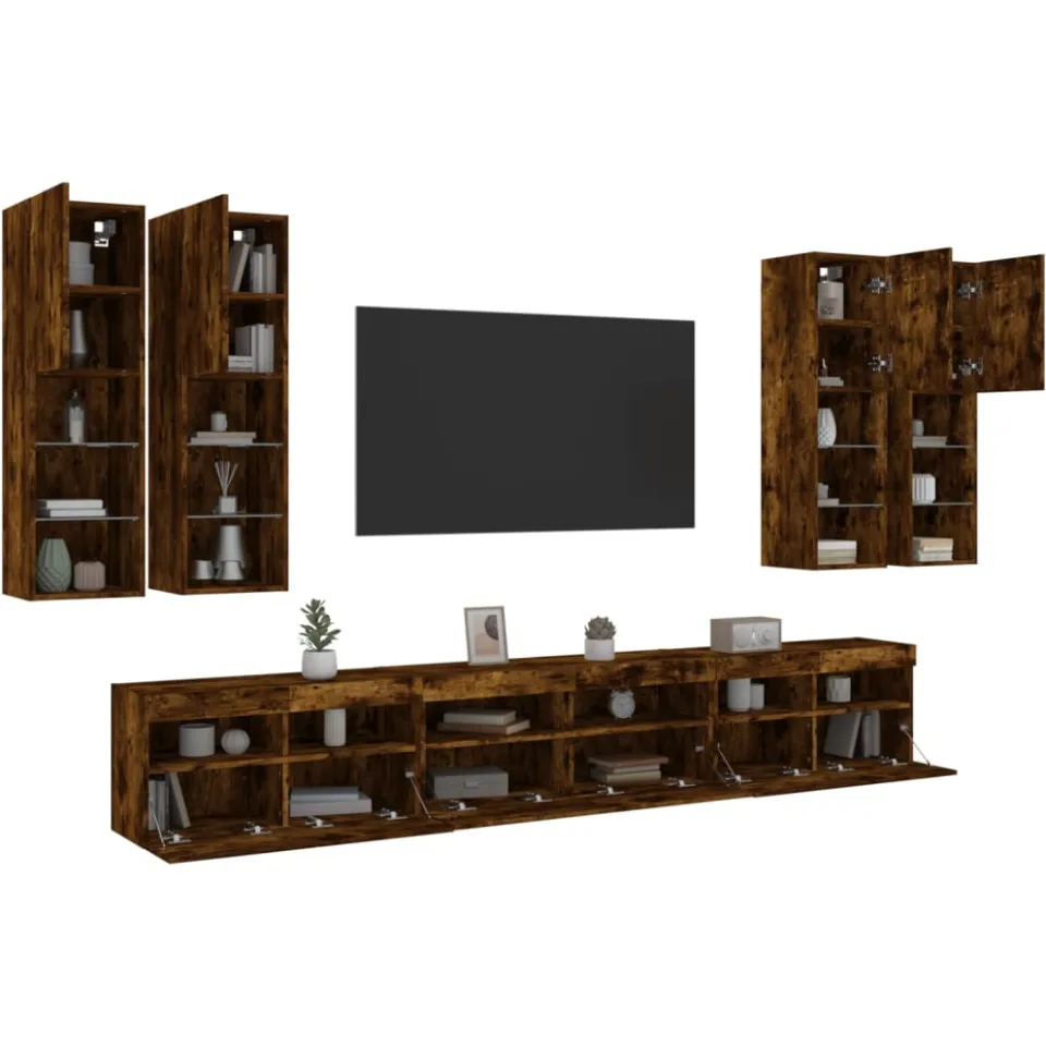vidaXL 7-delige Tv-wandmeubelset met LED-verlichting gerookt eiken