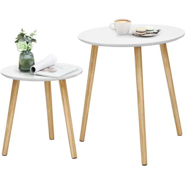 uJOY Set van 2 ronde bijzettafels - Massief houten poten - Scandinavisch design - Compact en lichtgewicht - Stevig tafelblad Wit