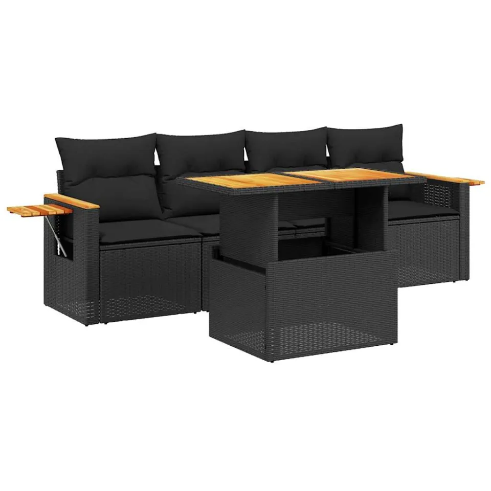 vidaXL 5-delige Loungeset met kussens poly rattan zwart, foto 3
