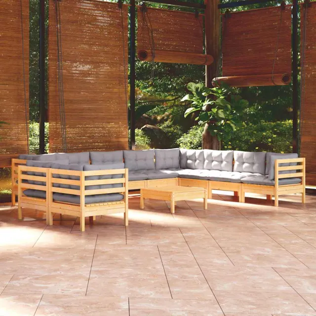 vidaXL 11-delige Loungeset met grijze kussens massief grenenhout grijs, foto 2