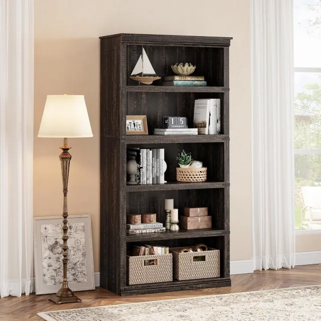 HOERFURIY Hoge Boekenkast met 5 Planken - Landelijke Open Vakkenkast - Opbergkast voor Woonkamer & Kantoor - 171 cm Hoog - Eikenhout