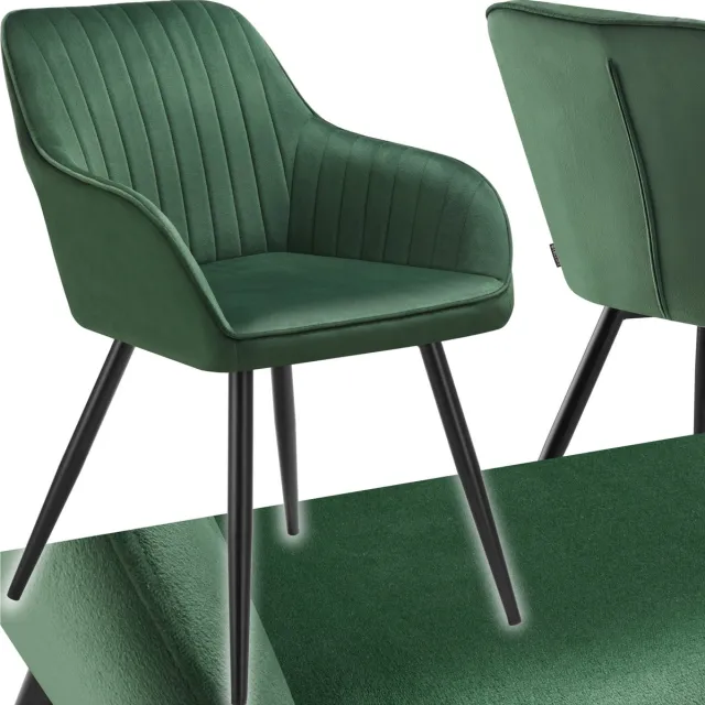 Tectake Fluwelen stoel met gestikt patroon - Moderne eetkamerstoel - Kuipstoel - Woonkamer, eetkamer, lounge of kaptafelstoel - Div. kleuren - Donkergroen/zwart