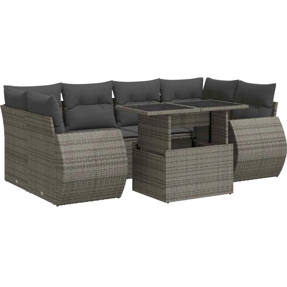 vidaXL 7-delige Loungeset met kussens poly rattan grijs, foto 3