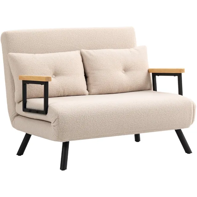 Homona Slaapbank - Met 5 standen verstelbare rugleuning en 2 kussens - Met houten armleuningen - Fleece-optiek - 102 x 73 x 81 cm - Beige