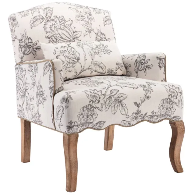 chairus Leunstoel - Beige - Linnen - Gedrukt Retro Motief - Met Armleuningen en Rugleuning - Gestoffeerde Loungestoel - Met Houten Poten - Voor Slaapkamer en Woonkamer