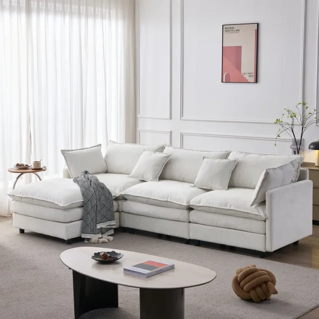 MIVRAY Hoekbank 3-Zits - Modulair Met Chaise Longue En Hocker - Voor Woonkamer En Kleine Ruimtes - Chenille Beige
