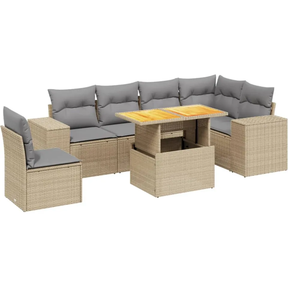 vidaXL 7-delige Loungeset met kussens poly rattan beige, foto 3