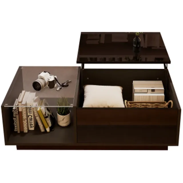 Rolipo LED Salontafel 100 x 50 cm - In Hoogte Verstelbaar met Opbergruimte -Salontafel met Lift-Top- Hoogglans-zwart