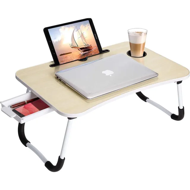 Borvat® Opvouwbare Laptoptafel met iPad- & Bekerhouder – Bedtafel met Opberglade – Ergonomisch & Multifunctioneel – 60x40 cm – hout