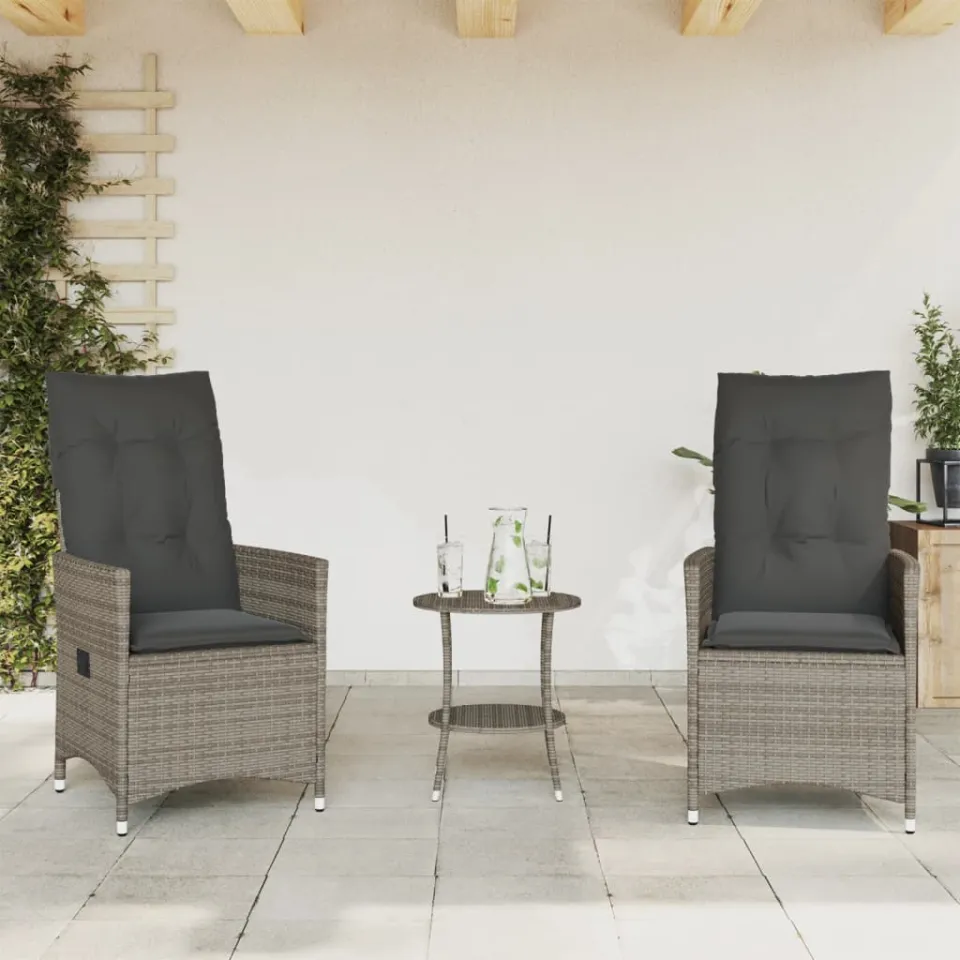 vidaXL 3-delige Bistroset met kussens poly rattan grijs, foto 2