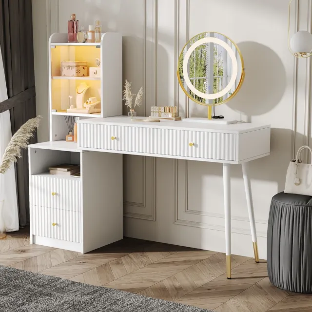 Sweiko Kaptafel - LED-verlichting - met spiegel - 4 lades - glazen deuren - 100 x 40 x 125 cm - wit