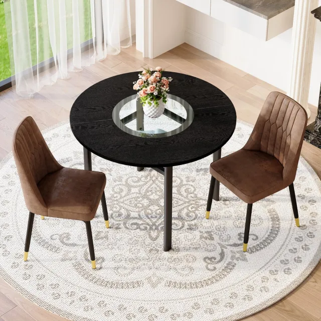 FloraGrace Eettafelset 100 cm - Ronde Tafel Met 2 Stoelen En Glazen Details - Voor Eetkamer Of Woonkamer - MDF Metaal - Bruin Zwart Zwart + Bruin