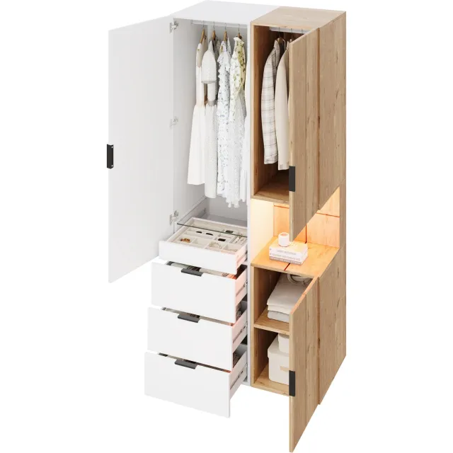 Ropilly Kledingkast Met Draaideuren - 90 x 49 x 200 cm - 2 Kledingroedes En 4 Lades - LED En Sieradenlade - Wit En Eikenlook MDF Voor De Slaapkamer Wit, Hout
