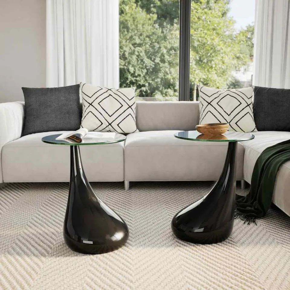 vidaXL Salontafel met rond glazen tafelblad hoogglans zwart 2 st, foto 3