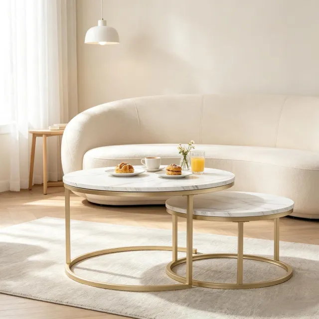OKWISH Salontafelset - 2 Ronde Nesttafels - Marmerlook en Metalen Onderstel - Voor de Woonkamer - Wit MDF - 80 x 80 x 45 cm
