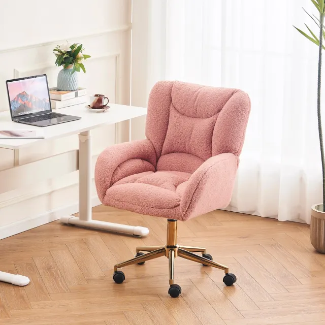 Wishdor Bureaustoel - Verstelbaar en draaibaar - Met wielen en vaste armleuningen - Teddy stof en metalen onderstel - Voor home office en kantoor - Roze - 64 x 62 x 97 cm
