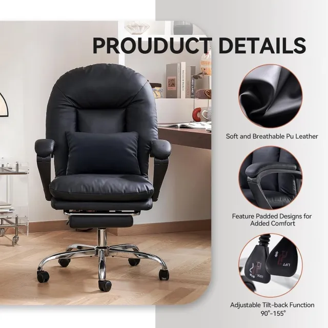 House&Garde Ergonomische Bureaustoel met Voetensteun – House&Garden Executive Relax Pro – Verstelbare Kantoorstoel van PU Leer – Kantelbaar tot 155° – Draaistoel met Lendenkussen & Wielen – 150 kg Belastbaar – Zwart