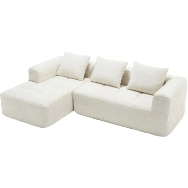 COLAMY Hoekbank - 3-Zitsbank - Chenille Sofa - L-vormig Design - Inclusief Chaise Longue - 3 Kussens - Geen Montage Nodig - Beige