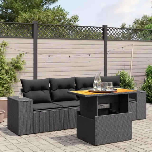 vidaXL 5-delige Loungeset met kussens poly rattan zwart, foto 2