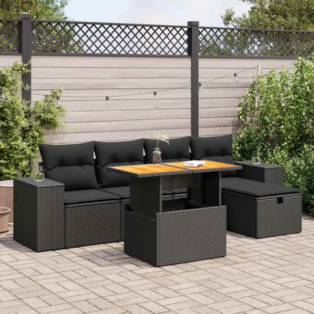 vidaXL 6-delige Loungeset met kussens poly rattan acacia zwart, foto 2