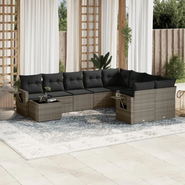 vidaXL 10-delige Loungeset met kussens poly rattan grijs, foto 2