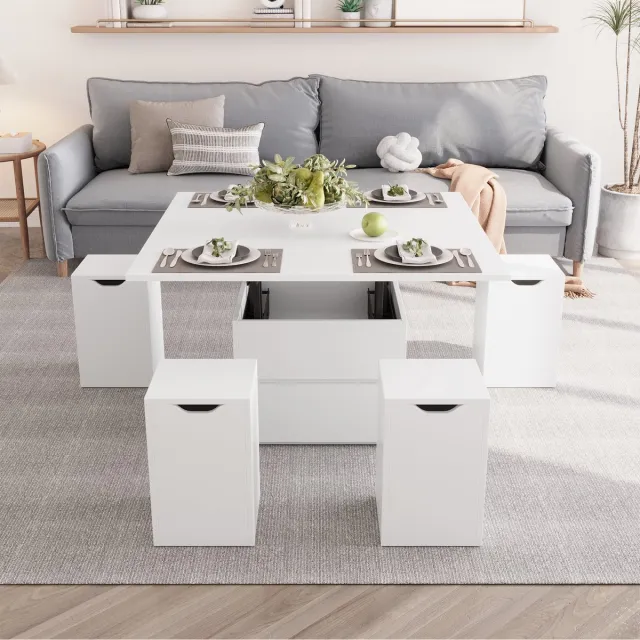 VOWNER in hoogte verstelbare salontafel, 4-in-1 multifunctionele salontafel, 4 stoelen Wit