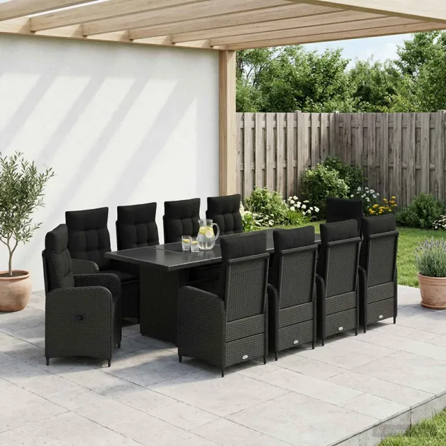 vidaXL Buiten eettafelset 11 st Zwart 240 x 90 x 75 cm poly rattan