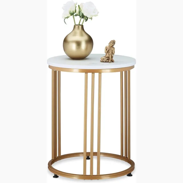 meerklose Bijzettafel MARMO, voor woonkamer, metaal & MDF, marmeren look, ronde salontafel HxD: 51 x 41 cm, wit/goud