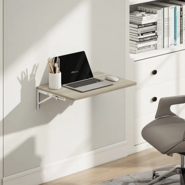 MEUNIQ Wandklaptafel 60 x 40 cm opklapbare wandtafel met afgeronde hoeken, 4,5 cm ingeklapt, wandmontage voor home office, keuken of woonkamer, eiken