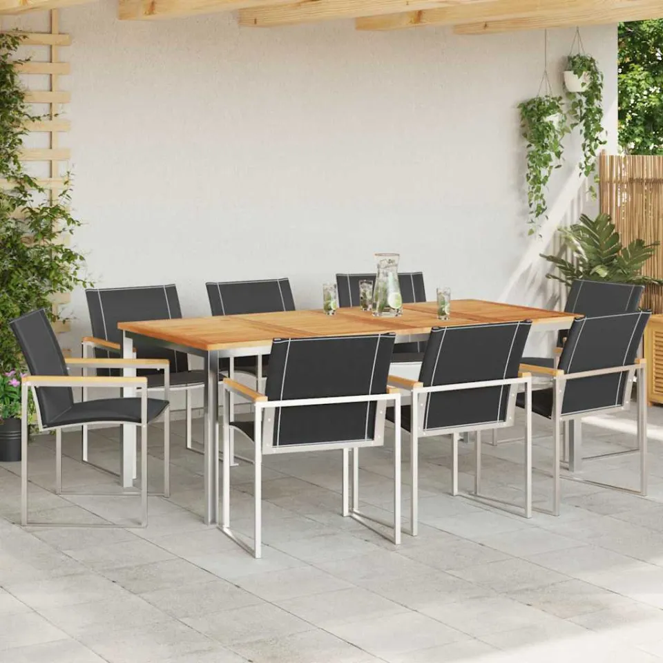 vidaXL Tuin eettafelset 9 st Massief acaciahout en roestvrij staal, foto 3