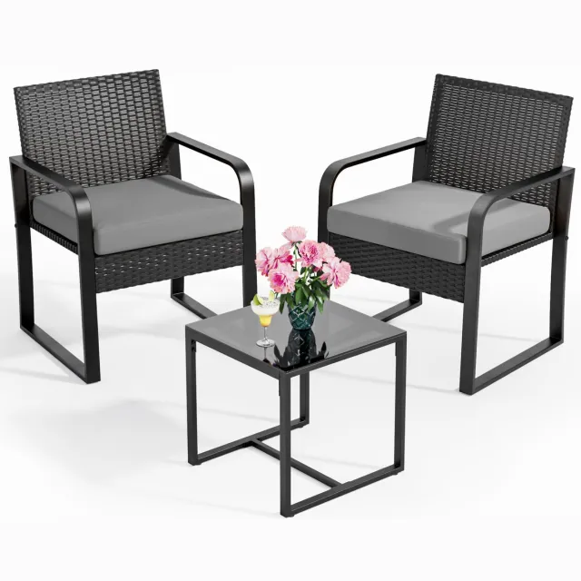 Xbro Tuinset – 3-delige Zitgroep met Rotan Stoel en Zitkussens, Weerbestendig en Ruimtebesparend – Outdoor loungeset – Balkonset voor Tuin, Terras en Zwembad – 60 x 50 x 80 cm – Grijs