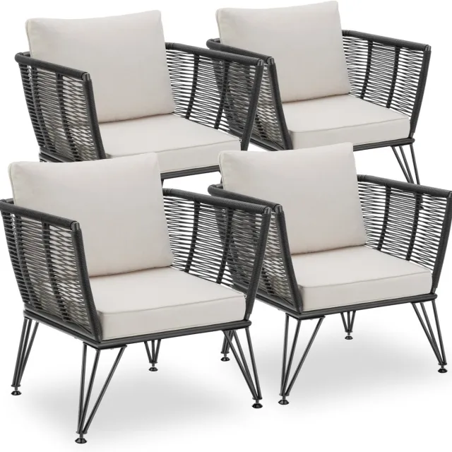 Tectake Loungestoelen Sundo - 4 Fauteuils voor Tuinset, Balkonset of Terras - Wicker Tuinstoelen Set in Rope-Design - Weerbestendig - Inclusief Kussens - Loungestoel Buiten - Loungeset Tuinmeubels