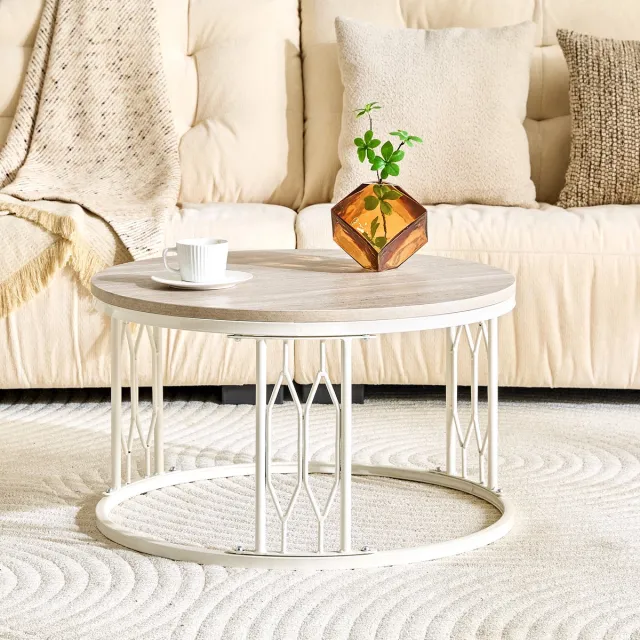 REDOM Salontafel - Rond MDF tafelblad met houtlook - Geometrisch metalen frame - Open onderstel - Moderne stijl - Woonkamer - Wit - Ø 70 x 40,5 cm