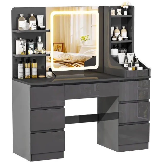 Devoko Kaptafel met LED-Spiegel en Touchbediening – 3 Lichtkleuren en Traploos Dimbaar – 7 Laden en 8 Open Opbergvakken – 108 × 40 × 139 cm – Hoogglans Grijs