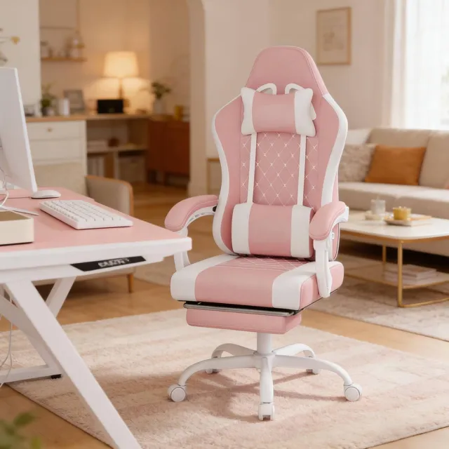 REDOM Bureaustoel - Ergonomische gamingstoel met massage-lendenkussen - 360 graden draaibaar - Verstelbare hoogte - Mesh en metaal - Roze en wit - 70 x 70 x 127 cm Roze + wit