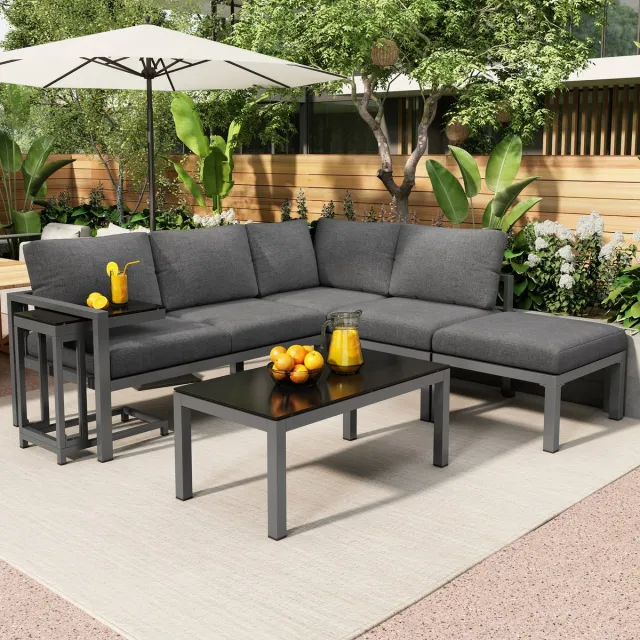Clruro Tuin Loungeset - L-vorm - 4-5 Personen - Inclusief Poef & Tafel - Grijs - 5-delig