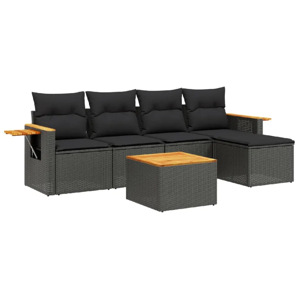 vidaXL 6-delige Loungeset met kussens poly rattan zwart, foto 3