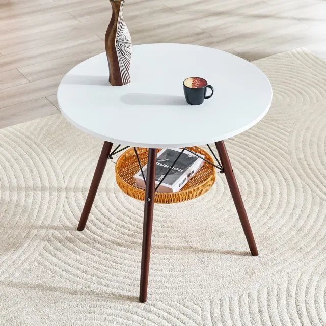 OKWISH Ronde Eettafel - Compact Voor 2 Tot 4 Personen - Met Opbergmand - Massief Hout En Wit MDF - 80 Cm Wit En Walnootkleur