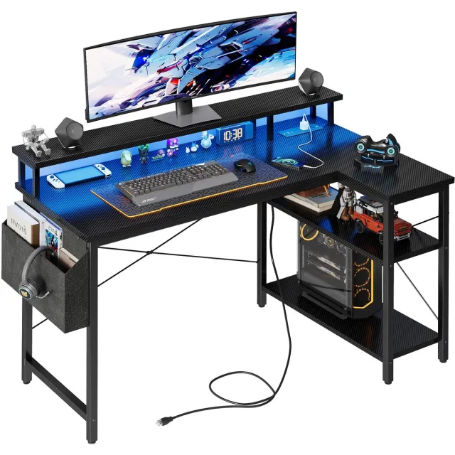 Ibenzoa L-vormig multifunctioneel bureau met LED-verlichting en ergonomische monitorstandaard Zwart