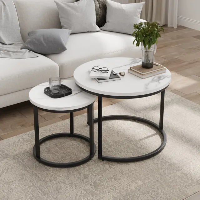 MEUNIQ 2-delige ronde salontafelset 60 en 40 cm – nesttafels met wit marmerlook blad en zwart metalen frame voor woonkamer