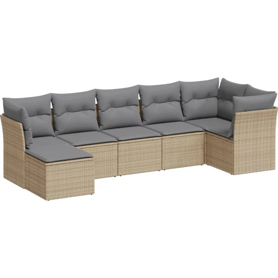 vidaXL 7-delige Loungeset met kussens poly rattan beige, foto 3
