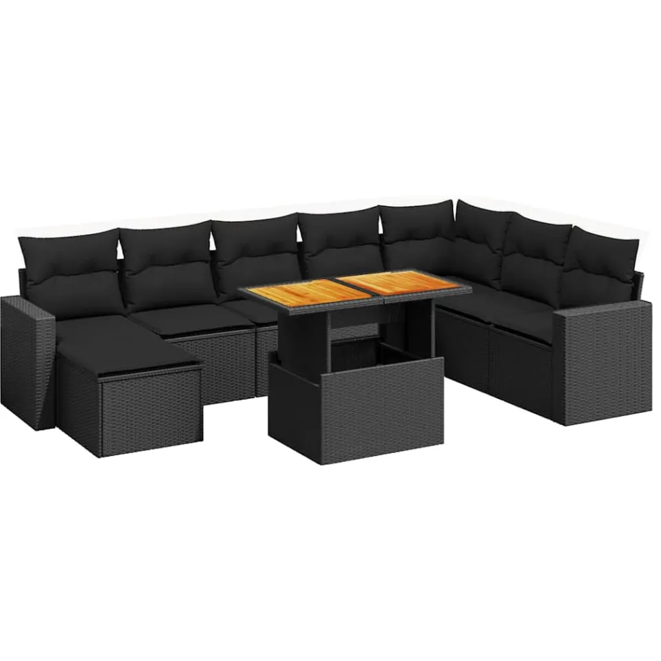 vidaXL 9-delige Loungeset met kussens poly rattan zwart, foto 3