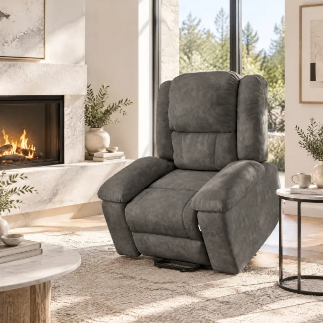Yelenaro Massagestoel Elektrisch met 8 vibratiepunten en warmte, Verstelbare Relaxfauteuil met voetsteun en opbergruimte, comfortabele zitting en hoge rugleuning, Sta-op fauteuil 102x93x106cm, Donkergrijs