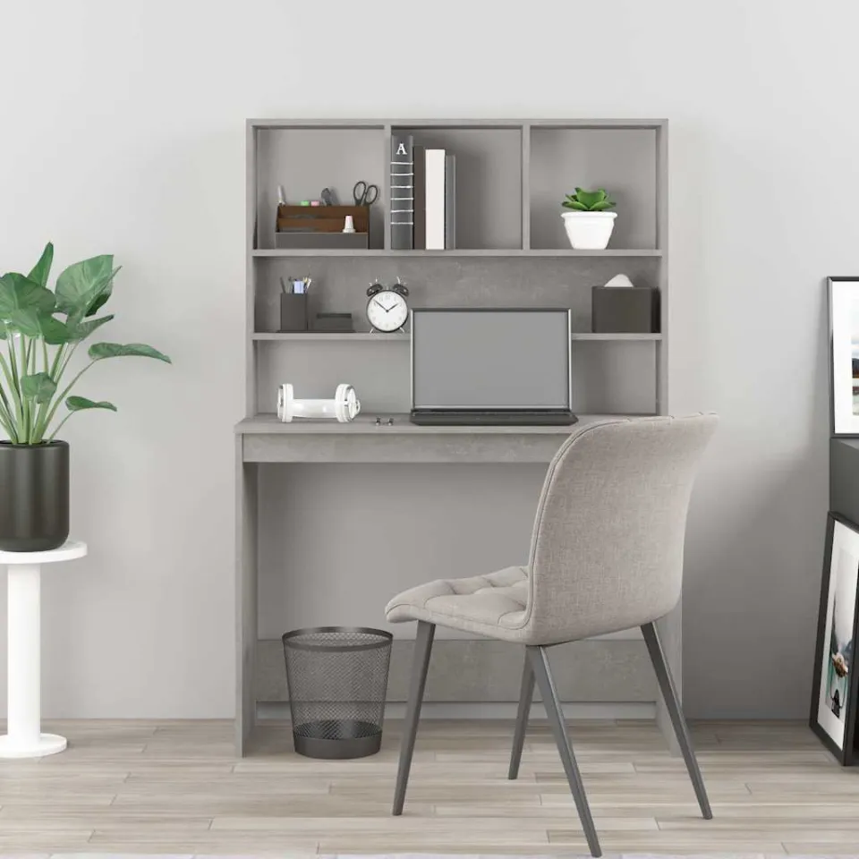 vidaXL Bureau met schappen 102x45x148 cm bewerkt hout betongrijs grijs, foto 3