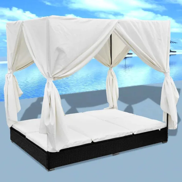 vidaXL Loungebed met gordijnen poly rattan zwart, foto 2