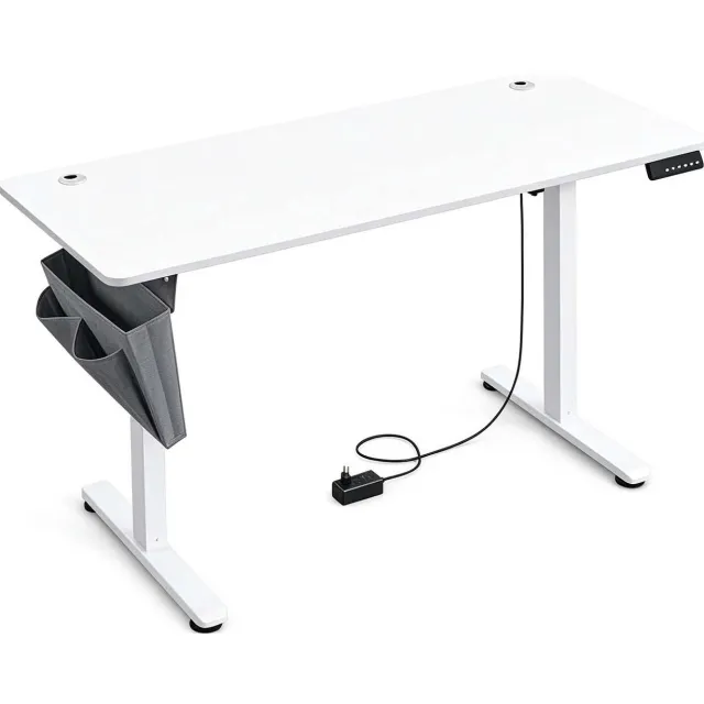 FANGDE Elektrisch in hoogte verstelbaar bureau 140 x 60 x 72–120 cm wit met 4 geheugenstanden stille motor stevig stalen frame met haken kabeldoorvoeren en opbergtas eenvoudig te monteren en schoon te maken voor thuiswerken studeren en de studeerkamer
