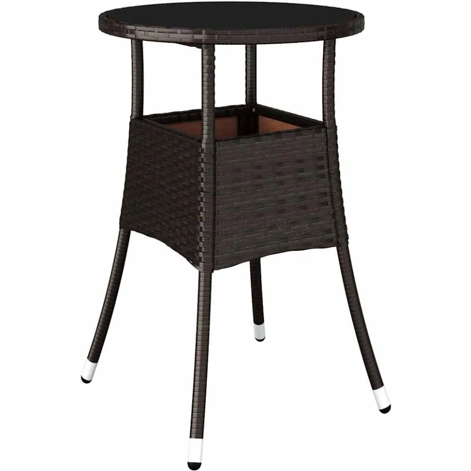 vidaXL Tuintafel Ø60x75 cm gehard glas en poly rattan bruin, foto 3