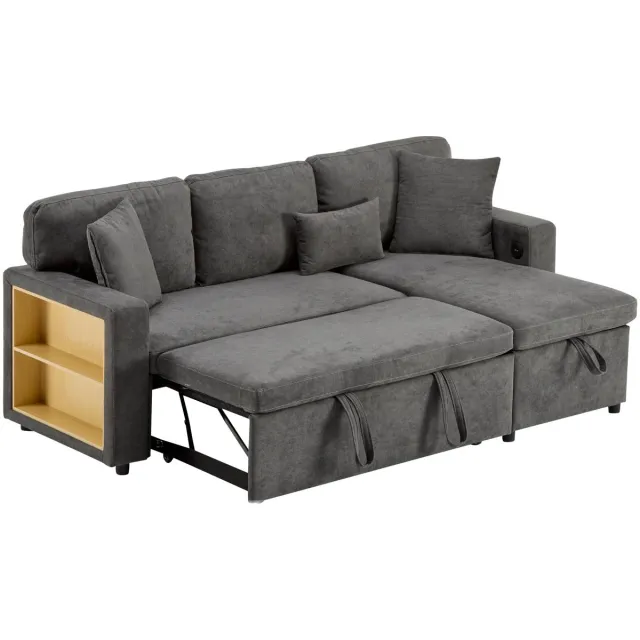 Merax L-Vorm Slaapbank met Opbergruimte – Uitschuifbaar Hoekbank Bed – Sofa met Ingebouwd Regal en USB-Aansluiting – Oxford Stof – Donkergrijs – 4-Zits