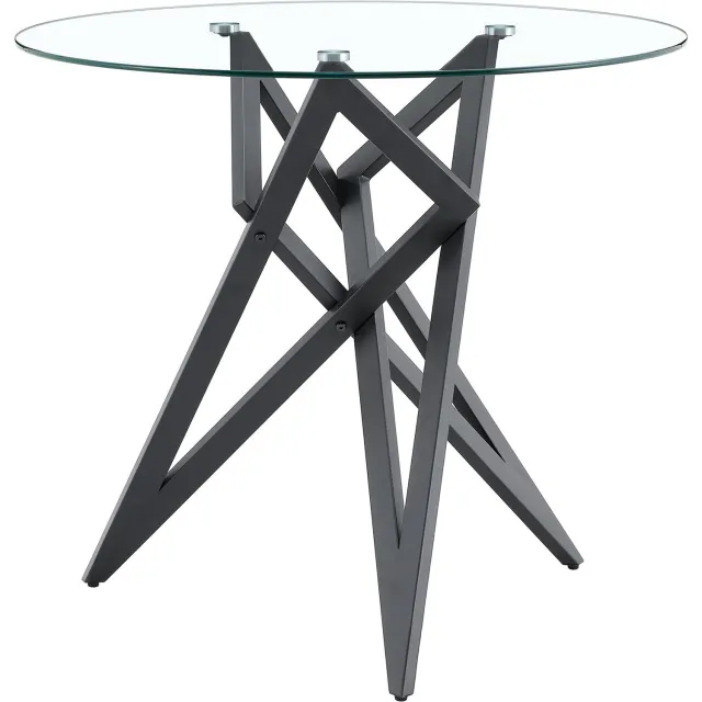 SONNENH Ronde glazen eettafel - Ø85 x 75,7 cm - Zwart geometrisch metalen onderstel Transparant glas met zwart onderstel