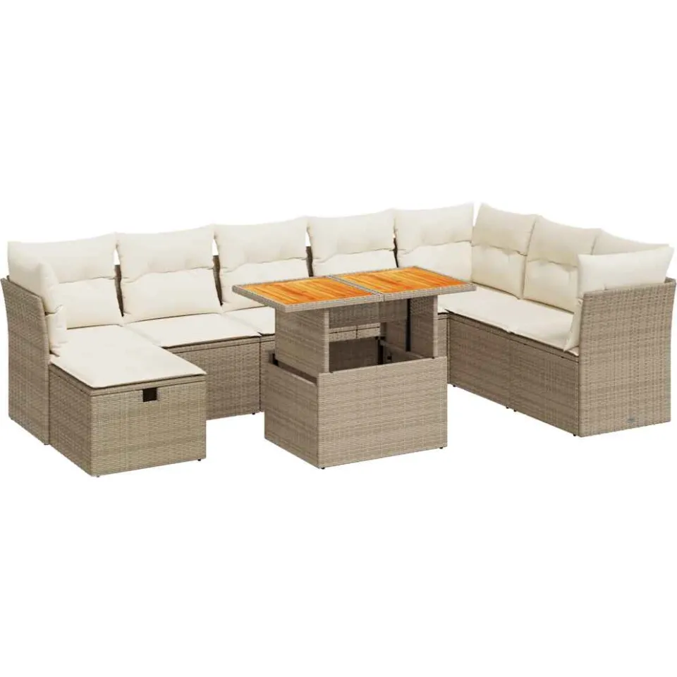 vidaXL 9-delige Loungeset met kussens poly rattan acacia beige, foto 3